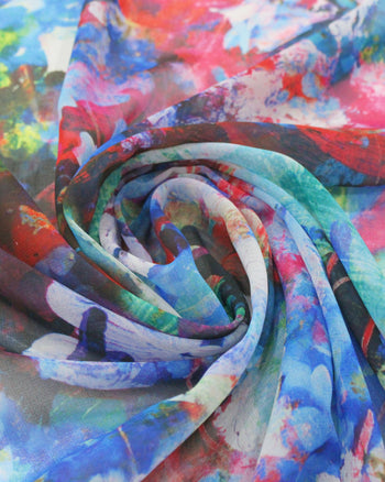 Tecido Crepe Chiffon Italiano Pinturas Abstratas Azul e Vermelho