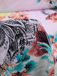 Tecido Viscose Barrados Florais Lilás e Amarelo Manteiga