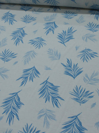 Tecido Linho Misto Camisaria Folhagem Azul e Cru