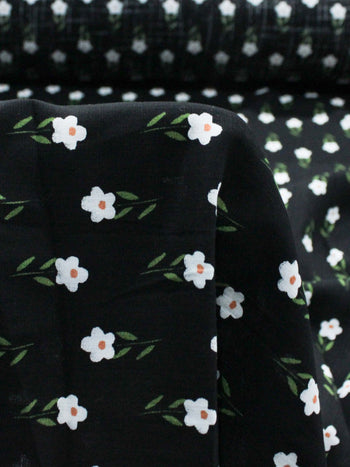 Tecido Viscose Texturizada Flores Verde Branco e Preto