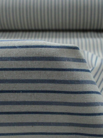 Tecido Linho Misto Micro Listras Azul e Cru
