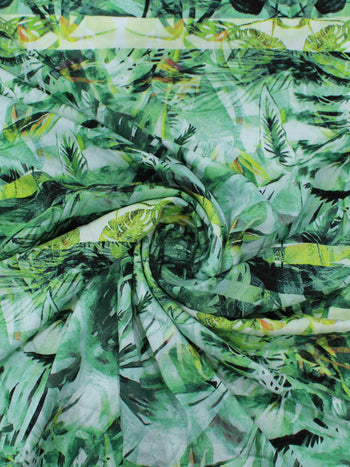 Tecido Viscose Estampa Folhas e Barrado Horizontal Tons de Verde