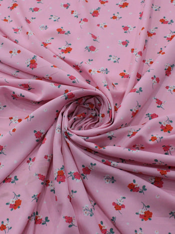 Tecido Viscose Micro Flores Vermelho Branco e Rosa Iogurte
