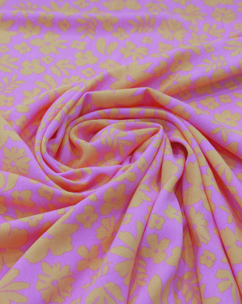 Tecido Viscose Texturizada Desenhos Rosa e Laranja