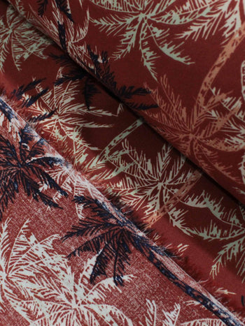 Tecido Viscose Texturizada Coqueiros Azul Creme e Terracota
