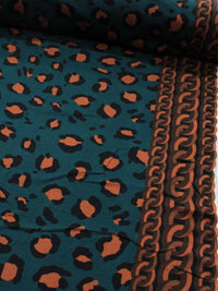 Tecido Crepe de Viscose Barrado Correntes e Animal Print Marrom e Verde Petroleo