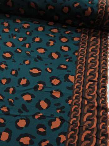 Tecido Crepe de Viscose Barrado Correntes e Animal Print Marrom e Verde Petroleo
