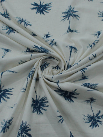 Tecido Linho Misto Camisaria Coqueiros Azul e Cru