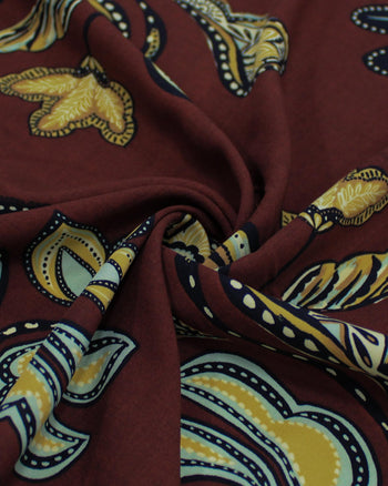Tecido Viscose Figuras Abstratas Amarelo, Verde Menta e Marrom