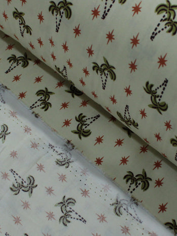 Tecido Viscose Texturizada Coqueiros e Estrelas Marrom Verde e Amarelo Claro