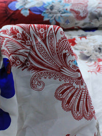 Tecido Viscose Barrado e Flores Azul e Vermelho