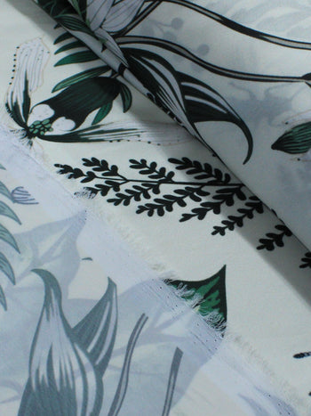 Tecido Crepe Silk Folhagens Verde e Creme
