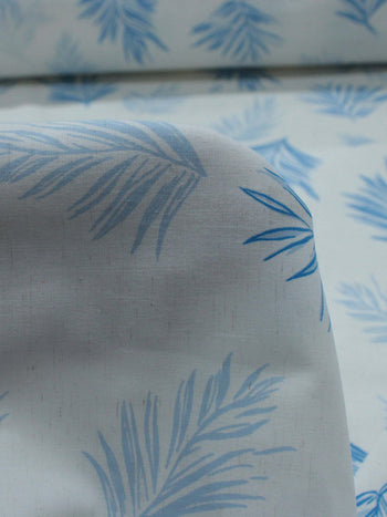 Tecido Linho Misto Camisaria Folhagem Azul e Cru