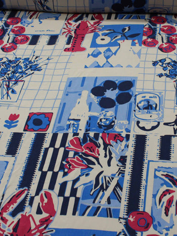 Tecido Viscose Estampa Bistrô Mediterrâneo Tons de Azul e Creme