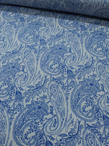 Tecido Viscose Estampa Paisley Azul e Branco