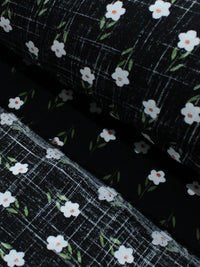 Tecido Viscose Texturizada Flores Verde Branco e Preto