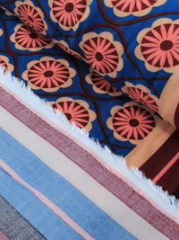 Tecido Viscose Floral Geométrico e Barrado Listrado Bordô e Azul