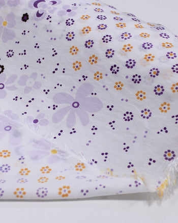 Tecido Viscose Mista com Poliamida Grosso Barrado Cashmere Floral Amarelo, Roxo e Branco