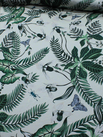 Tecido Crepe Silk Folhagens Verde e Creme
