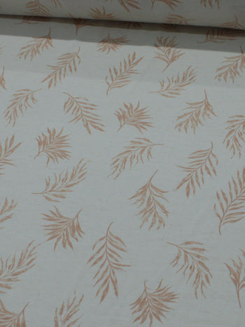 Tecido Linho Misto Camisaria Folhagens Coral e Cru