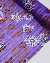 Tecido Crepe Chiffon Brocado Ramos e Flores Colorido e Roxo