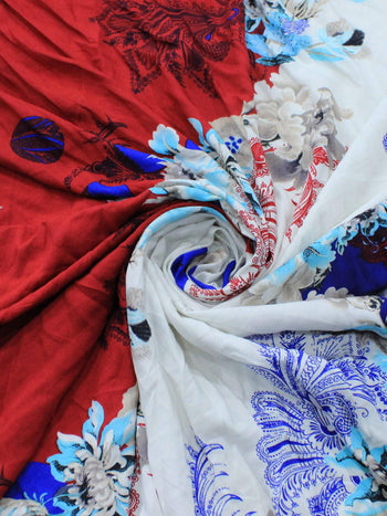 Tecido Viscose Barrado e Flores Azul e Vermelho