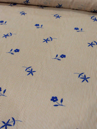 Tecido Cambraia de Algodão Bordada Flores e Micro Listras Azul Branco e Castanho