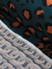 Tecido Crepe de Viscose Barrado Correntes e Animal Print Marrom e Verde Petroleo