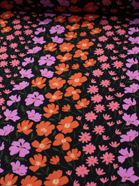 Tecido Viscose Texturizada Estampa Flores Rosa Laranja e Preto
