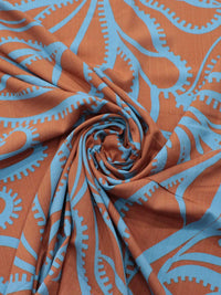 Tecido Viscose Texturizada Folhagem Abstrata Terracota e Turqueza