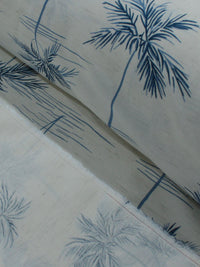 Tecido Linho Misto Camisaria Folhagens e Paisagem Azul e Cru