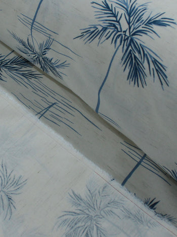 Tecido Linho Misto Camisaria Folhagens e Paisagem Azul e Cru