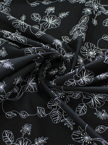 Tecido Alfaiataria de Viscose Bordada Floral Branco e Preto