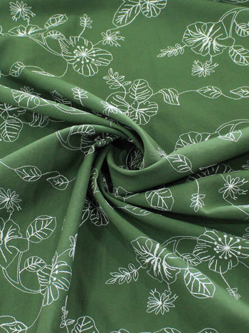 Tecido Alfaiataria de Viscose Bordada Floral Branco e Verde Militar