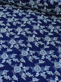 Tecido Linho Misto Bordado Floral Branco e Azul