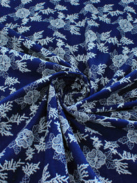 Tecido Linho Misto Bordado Floral Branco e Azul