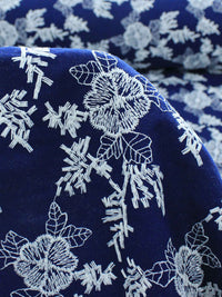Tecido Linho Misto Bordado Floral Branco e Azul