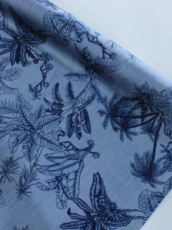 Tecido Crepe Silk Italiano Folhagens Cinza e Azul