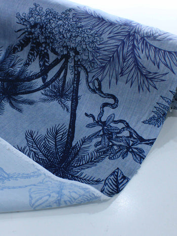 Tecido Crepe Silk Italiano Folhagens Cinza e Azul