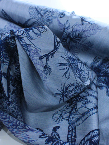 Tecido Crepe Silk Italiano Folhagens Cinza e Azul