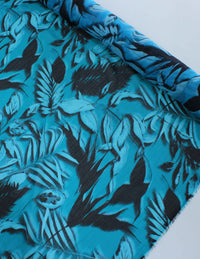 Tecido Crepe Chiffon Texturizado Italiano Folhagens Verde Tiffany e Preto