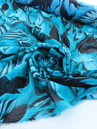 Tecido Crepe Chiffon Texturizado Italiano Folhagens Verde Tiffany e Preto