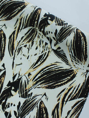 Tecido Viscose Italiano Macro Folhagens Offwhite Preto e Tons de Bege