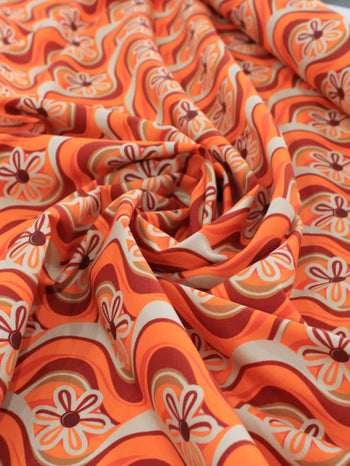 Tecido Crepe Salinas Italiano Flores Tons de Laranja