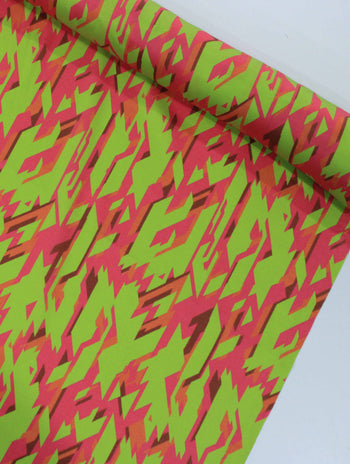 Tecido Viscose Acetinada Italiano Geométrico Verde e Laranja
