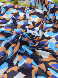 Tecido Crepe Chiffon Italiano Desenho Abstrato Tons de Azul e Argila