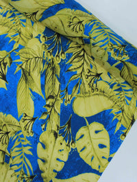 Tecido Crepe Chiffon Italiano Macro Folhas Amarelo e Azul