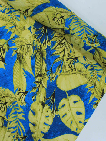 Tecido Crepe Chiffon Italiano Macro Folhas Amarelo e Azul