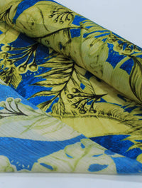 Tecido Crepe Chiffon Italiano Macro Folhas Amarelo e Azul