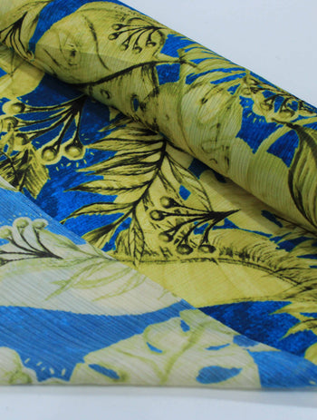 Tecido Crepe Chiffon Italiano Macro Folhas Amarelo e Azul